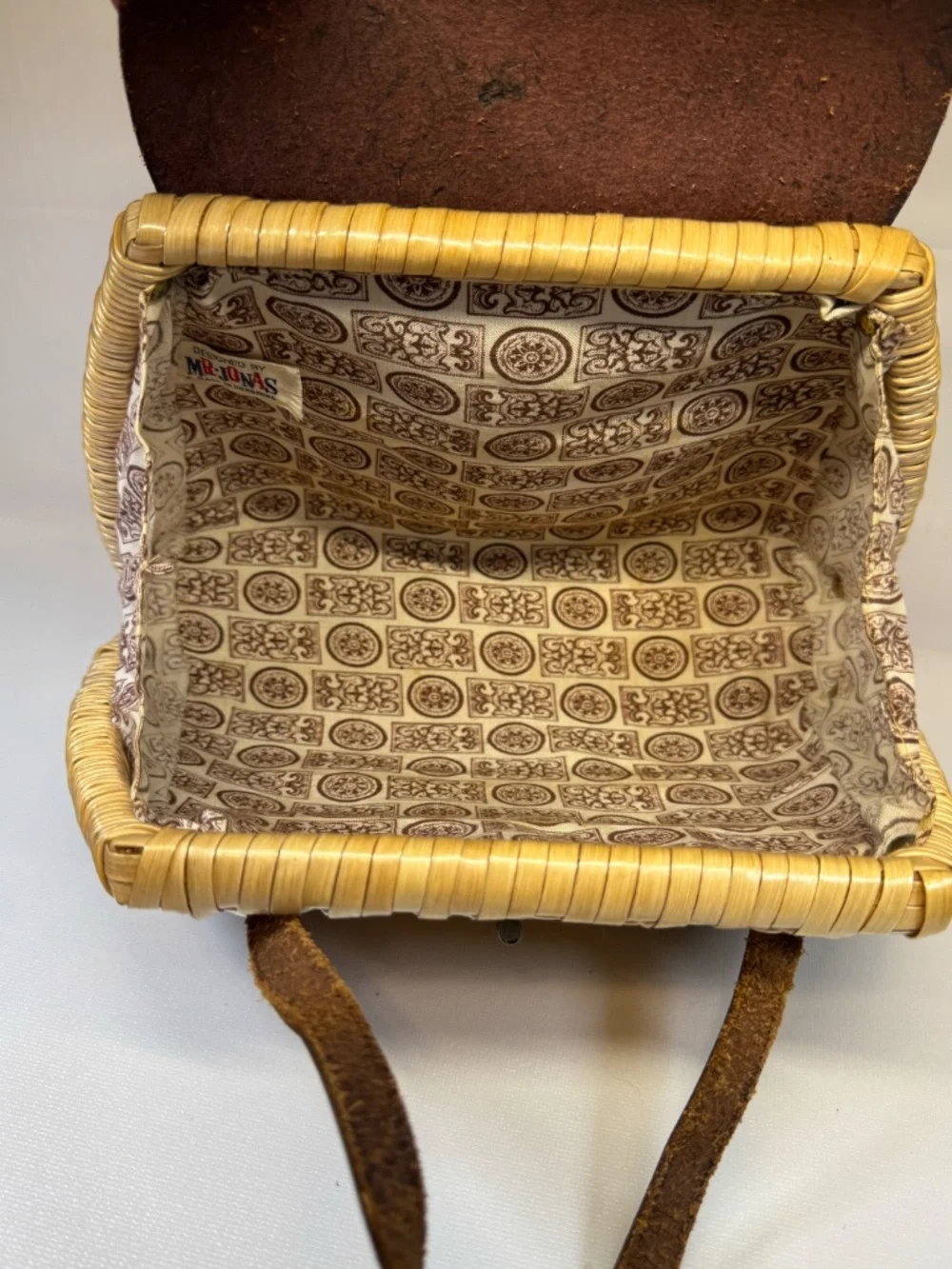 Vintage Mr. Jonas Wicker Basket Handbag Brown Leather Trim Top Handle Purse